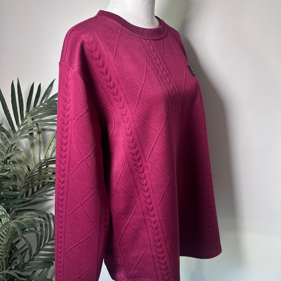Regular Fit Patched Detail Textured Knit Long Sleeve Round Burgundy Neck Top L - Picture 7 of 14